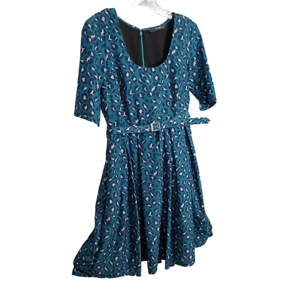 eShakti Size M 8 Dress Crepe Fit Flare Leopard Print Matching Belt Scoop Teal